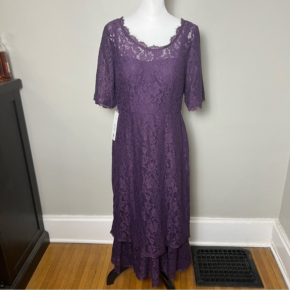 NWT - Azazie Lisa Plum Lace Short Sleeve Midi Dress Women's A10 - Picture 7 of 8